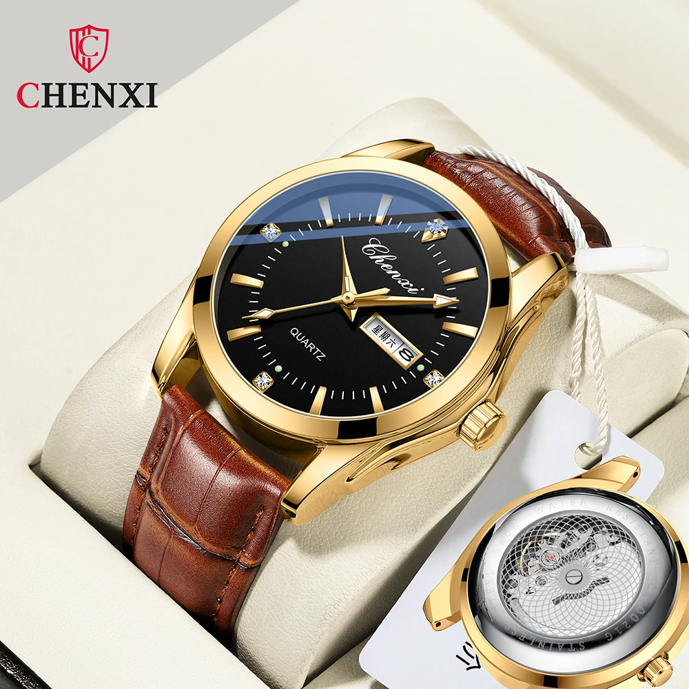 CHENXI Fashion Watch Men Skeleton Quartz Wristwatches Leather Strap Black Brown Casual High Quality Watches for Men 2024