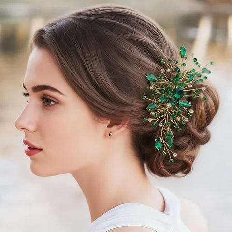 7-Piece Set Green Crystal Gold Leaf Hair Accessories Set Forest Style Wedding Styling / Photo Shoot / Evening Accessories