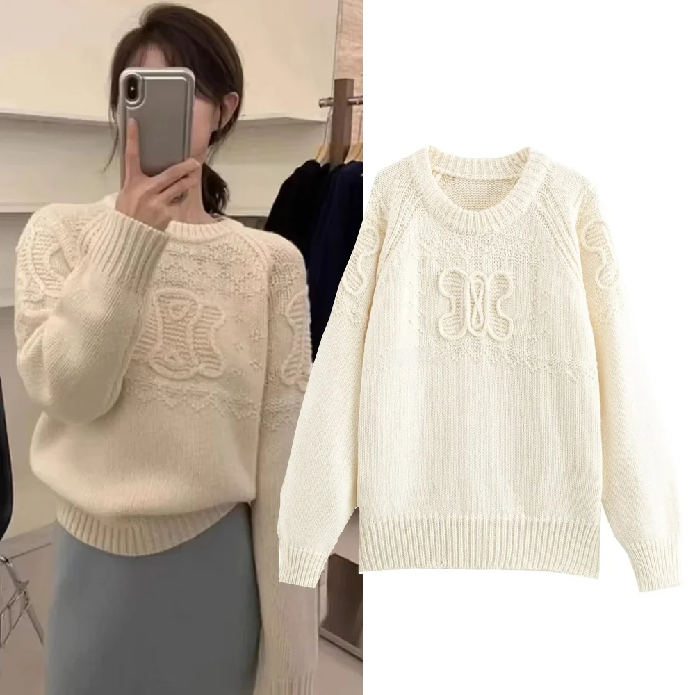 

Женский модный тяжелый вязаный свитер H23, универсальный урод, с цветочным узором, круглый, нержавеющий, стандартной длины, весна 2024