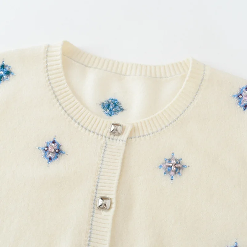 2025 New100% pure cashmere elegant sweater rhinestone snowflake round neck cardigan embroidered sweaters coat