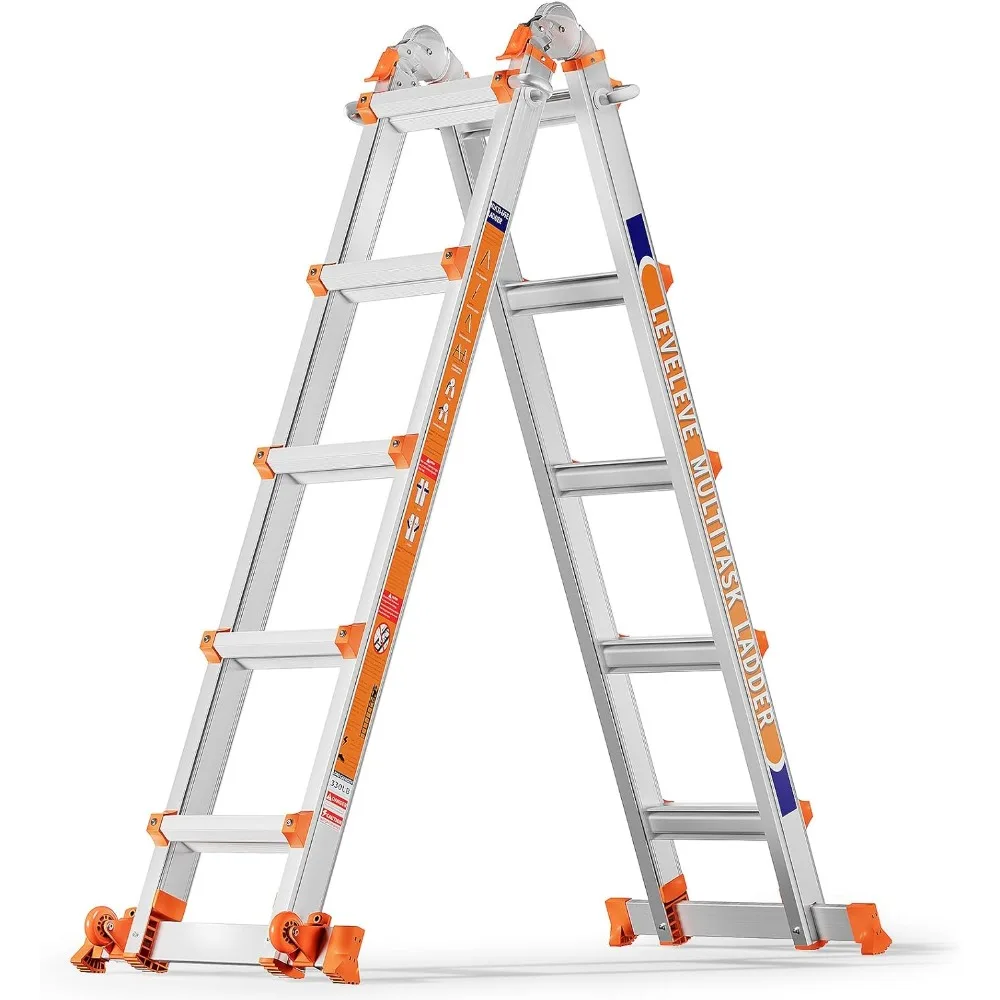 A Frame 5 Step Ladder, 17FT Extension Ladder with Stabilizer Bar & Wheels,330 lbs Security Load Multi Position Ladder