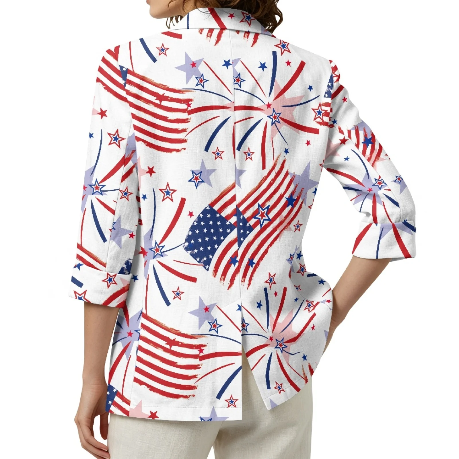 PENSTROLL 4th Of July Flag Linen Style Business Jacket Versatile Outerwear for Women Open Front Beach Coverups view 2