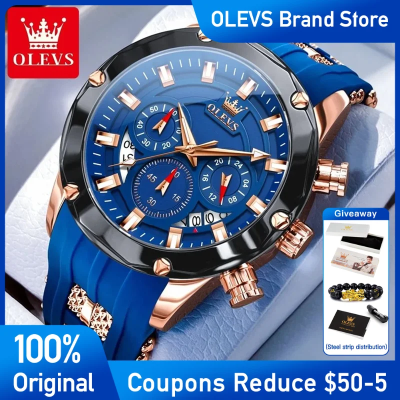 

OLEVS Mens Watch Top Brand Quartz Men's Wristwatch Silicone watch strap Three Small Dial Waterproof calendar luxury Reloj