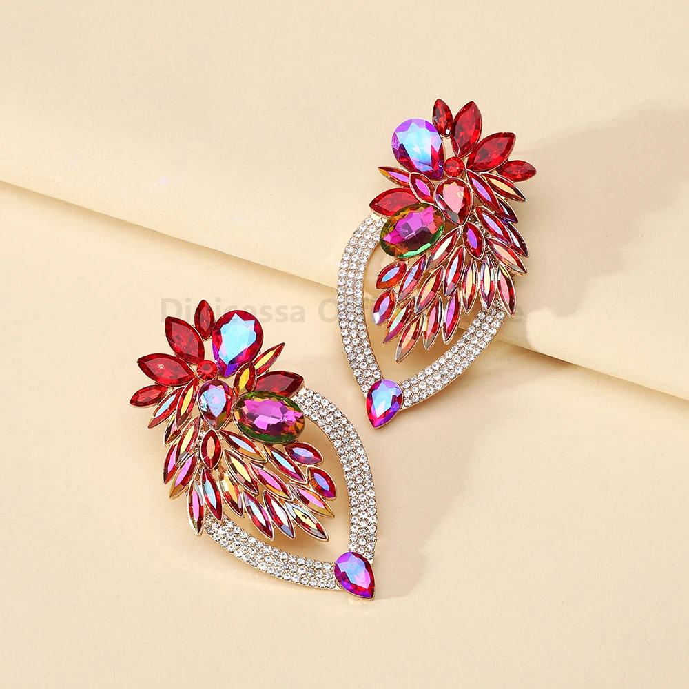 Charm Luxury Shiny Geometric Crystal Glass Decor Big Stud Earrings For Women Sexy Elegant Fashion Jewelry Statement Accessories