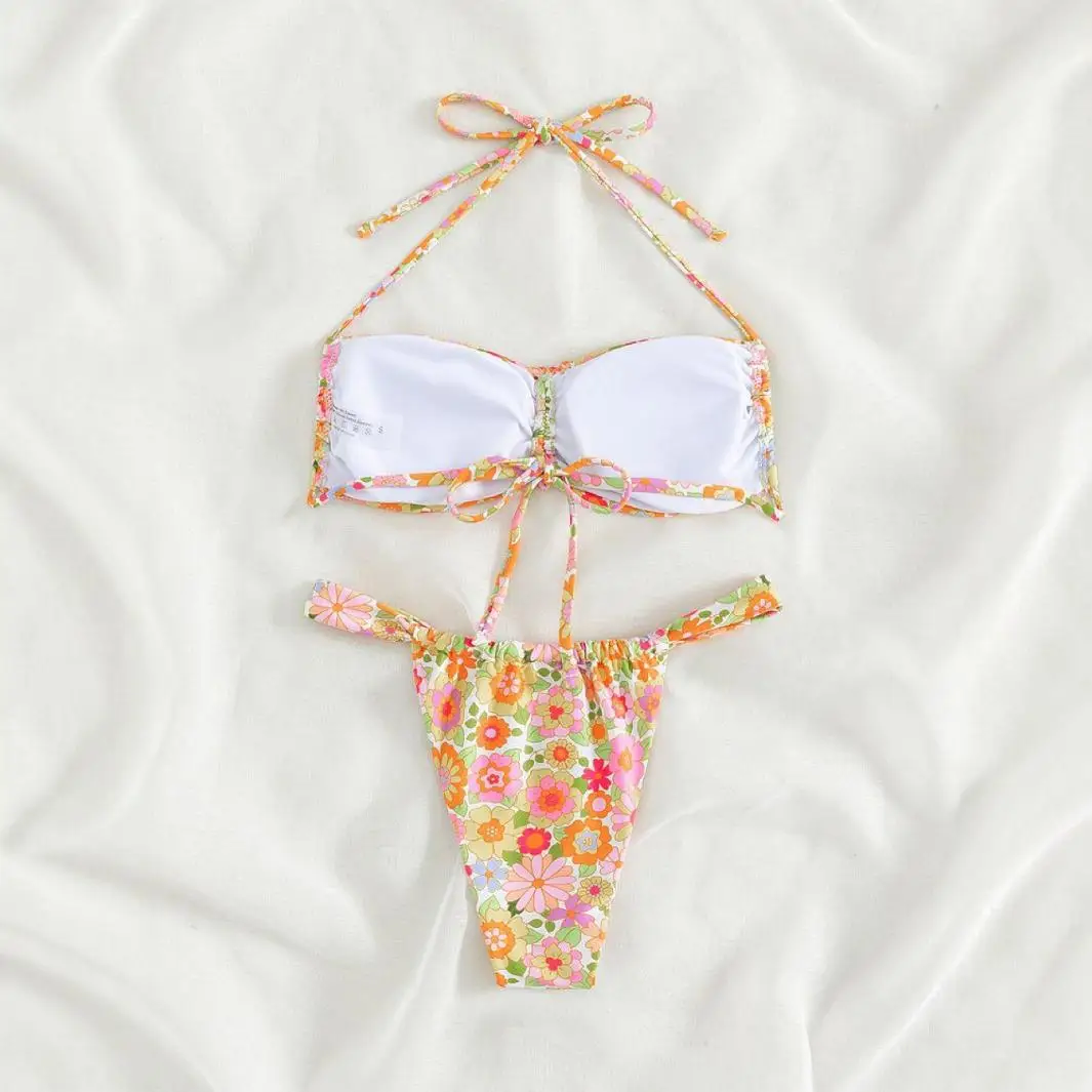 Women Sexy Fresh Floral Print Swimsuit,Mini Micro Thong Swimsuits,String Lace-up Beachwear,Extreme Bathing Suit Bikini Set Trend