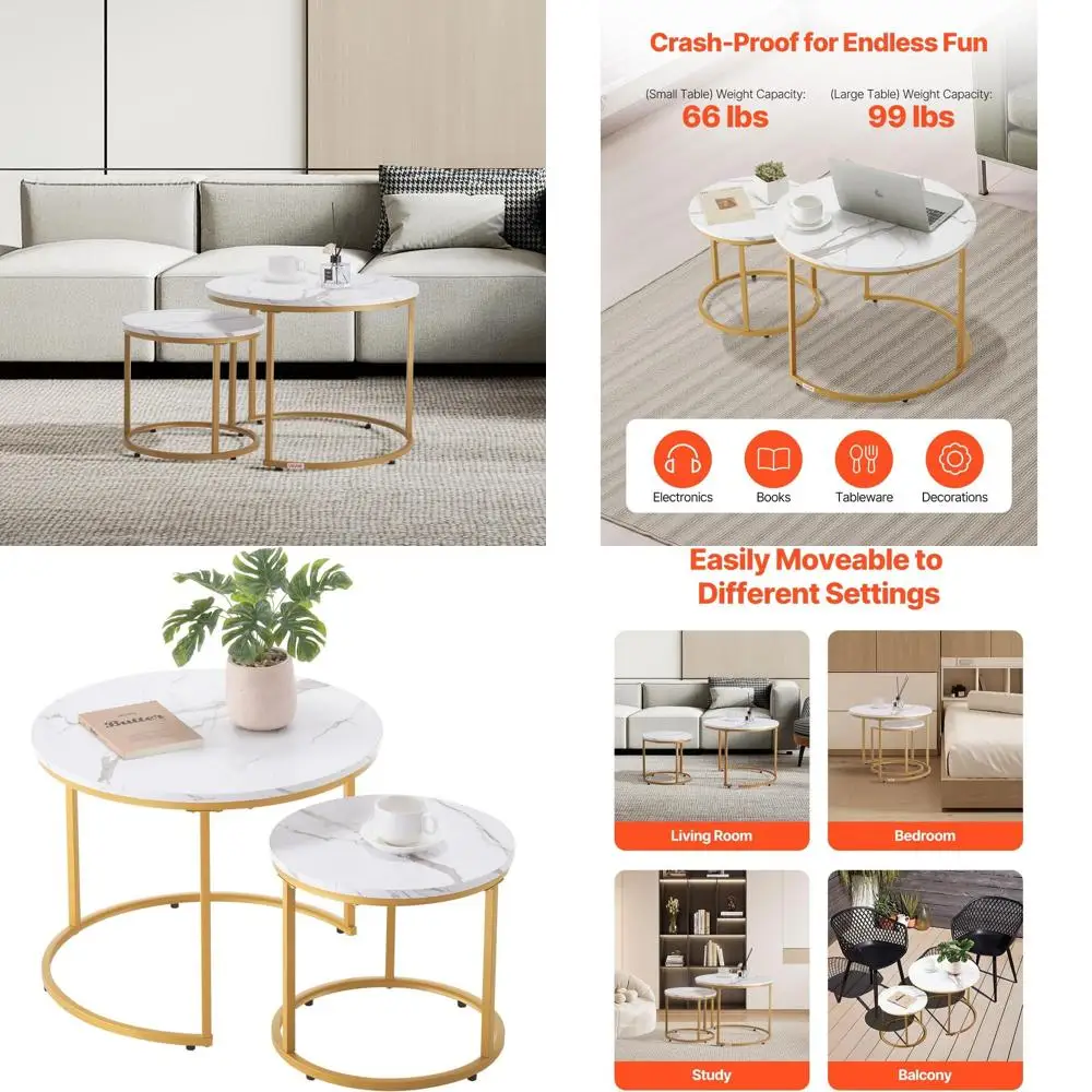 

Round Coffee Table Set for 2, 23.6 Diameter, Small Side Tables with Metal Frame, Suitable for Living Room, Bedroom, Office (Whit