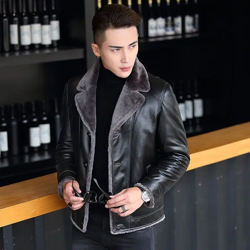 

Short Casual Sheepskin Leather Jackets Turn-Down Collar Plush Thicken Overcoat Winter Single Breasted Warm Slim Fit Male Coats