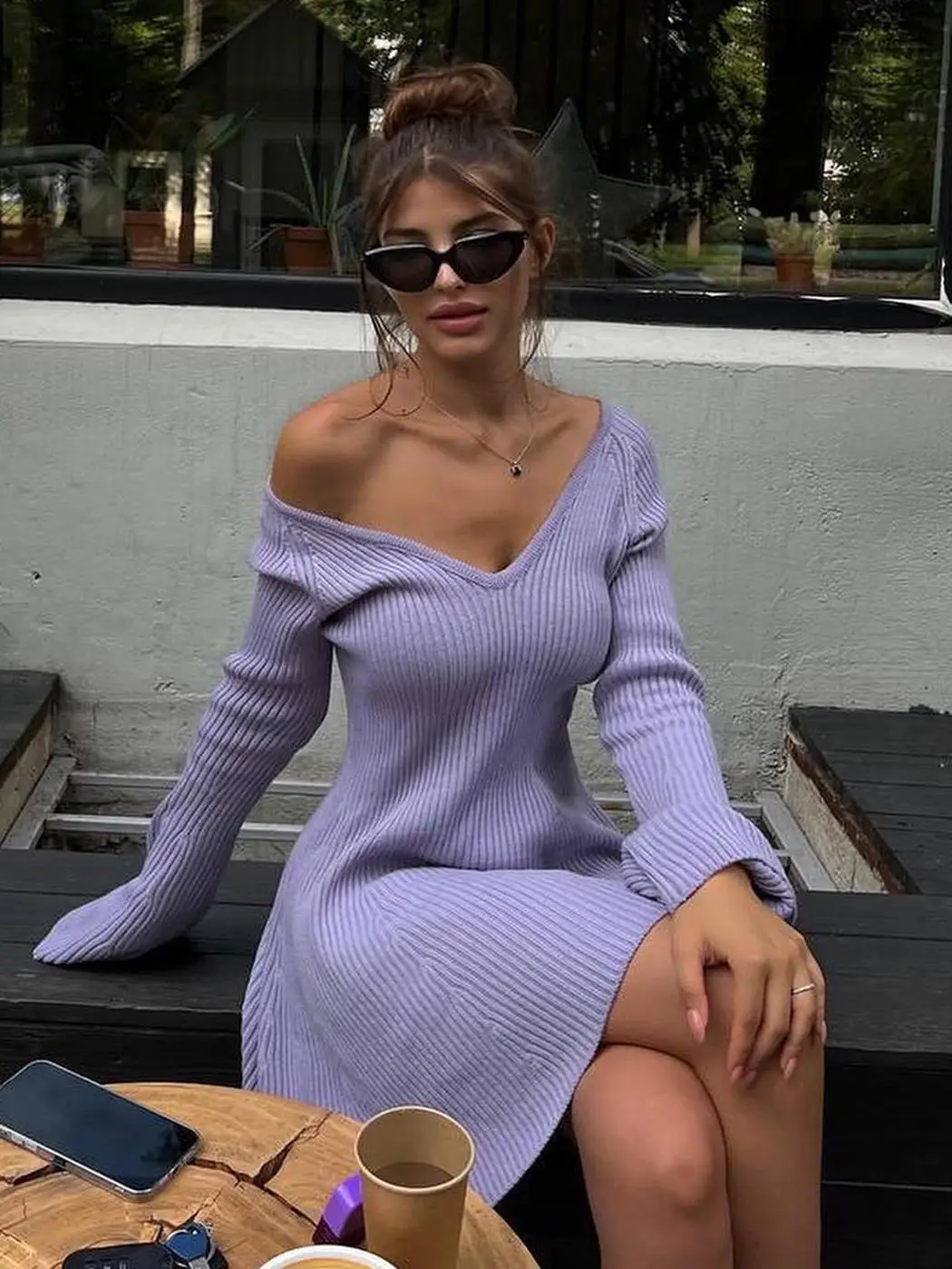 V-neck Long Sleeved Sexy Short Dress Knitted Autumn Winter Solid Color A-line Backless Pleated Women Dresses Fall Fashion 2024