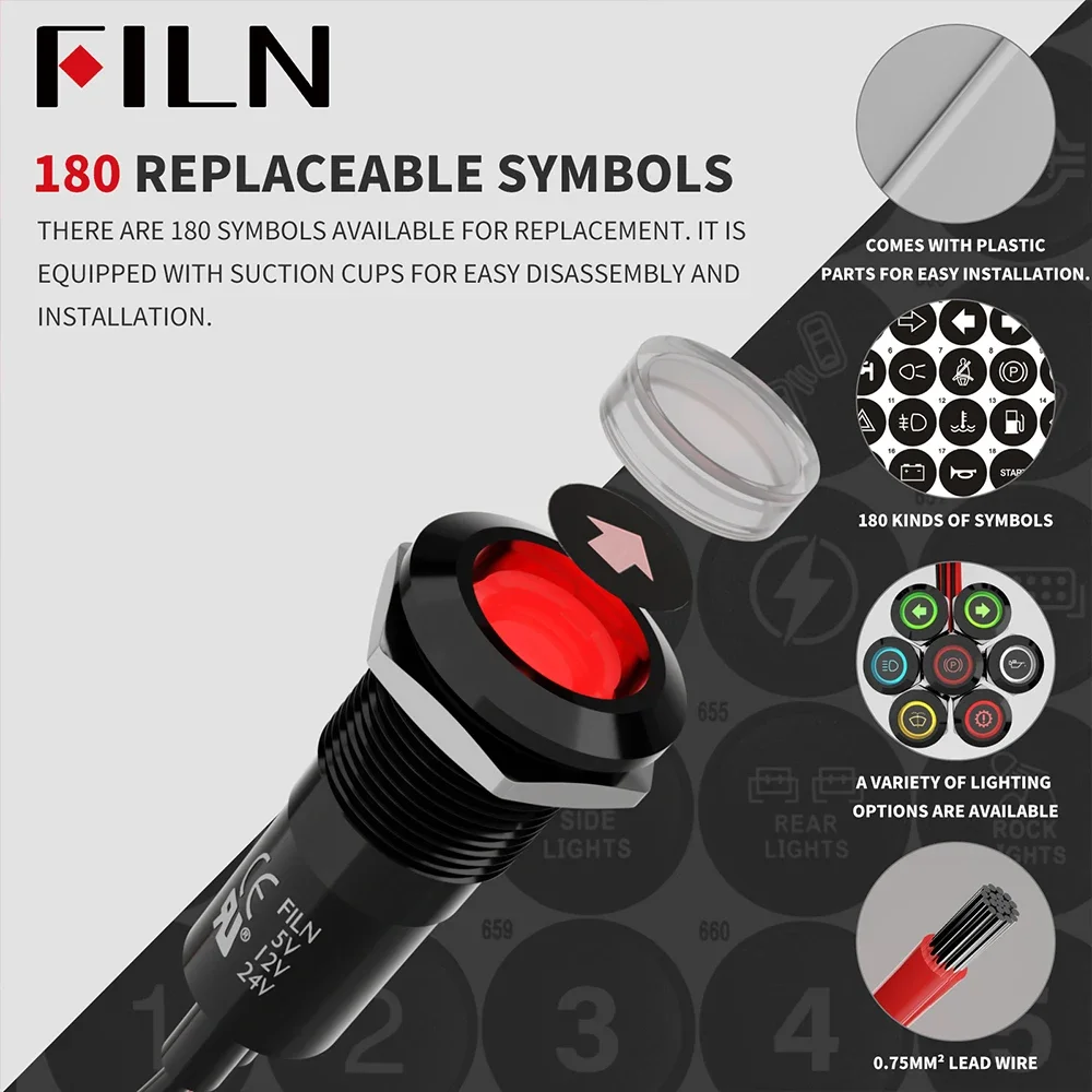 

2-Unit Set 12mm IP67 Waterproof Aluminum Metal Indicator - Dash Pilot Light with Wire | Replaceable Symbol Caps for Car Dashboar