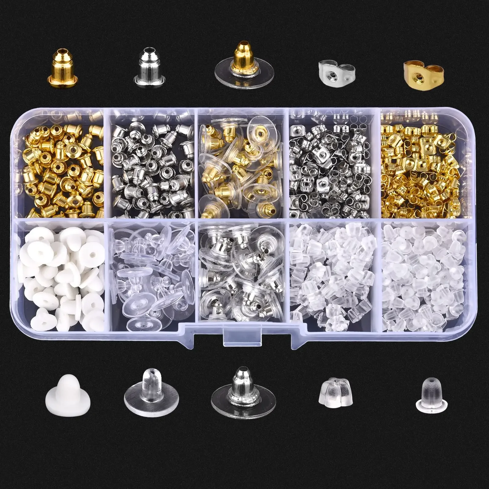 

10 Grid Fashion Box DIY Earring Accessories Block Findings Plugs Back Stopper Nuts 10 Styles Mixed Packing Totaling About 450pcs