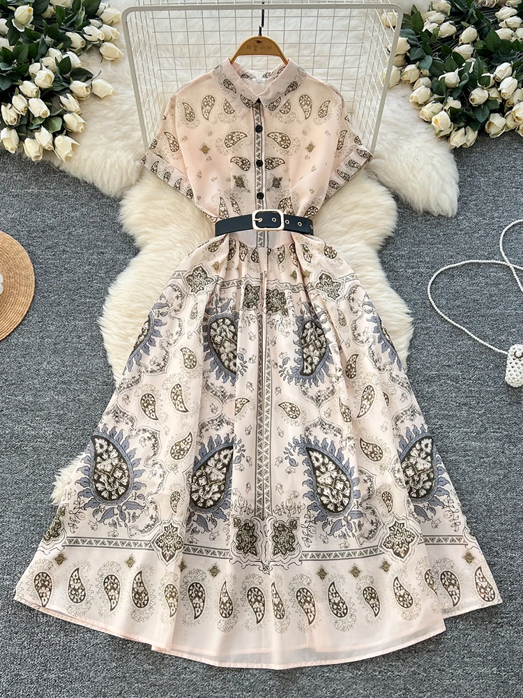 

Summer Women's Short Sleeved Printed Large Swing Dress New Fashionable Elegant French Turn-Down Collar Retro Dress S68