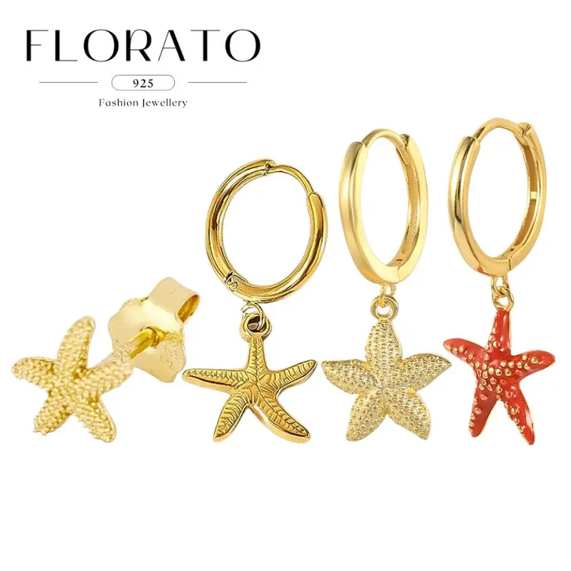 

925 Silver Needle Pattern Starfish Pendant Earrings retro Metal Perforated Hanging Hoop Earrings For Women Fashion Party Jewelry