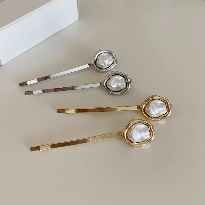 Korean Style Simple New Irregular Shaped Pearl Barrettes Alloy Forehead Bang Clip Exquisite Side Clip Hairpin for Women