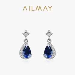Ailmay 925 Sterling Silver Luxury Water Droplet Retro Blue Zircon Earrings For Women Exquisite Fashion Engagement Wedding Jewelr