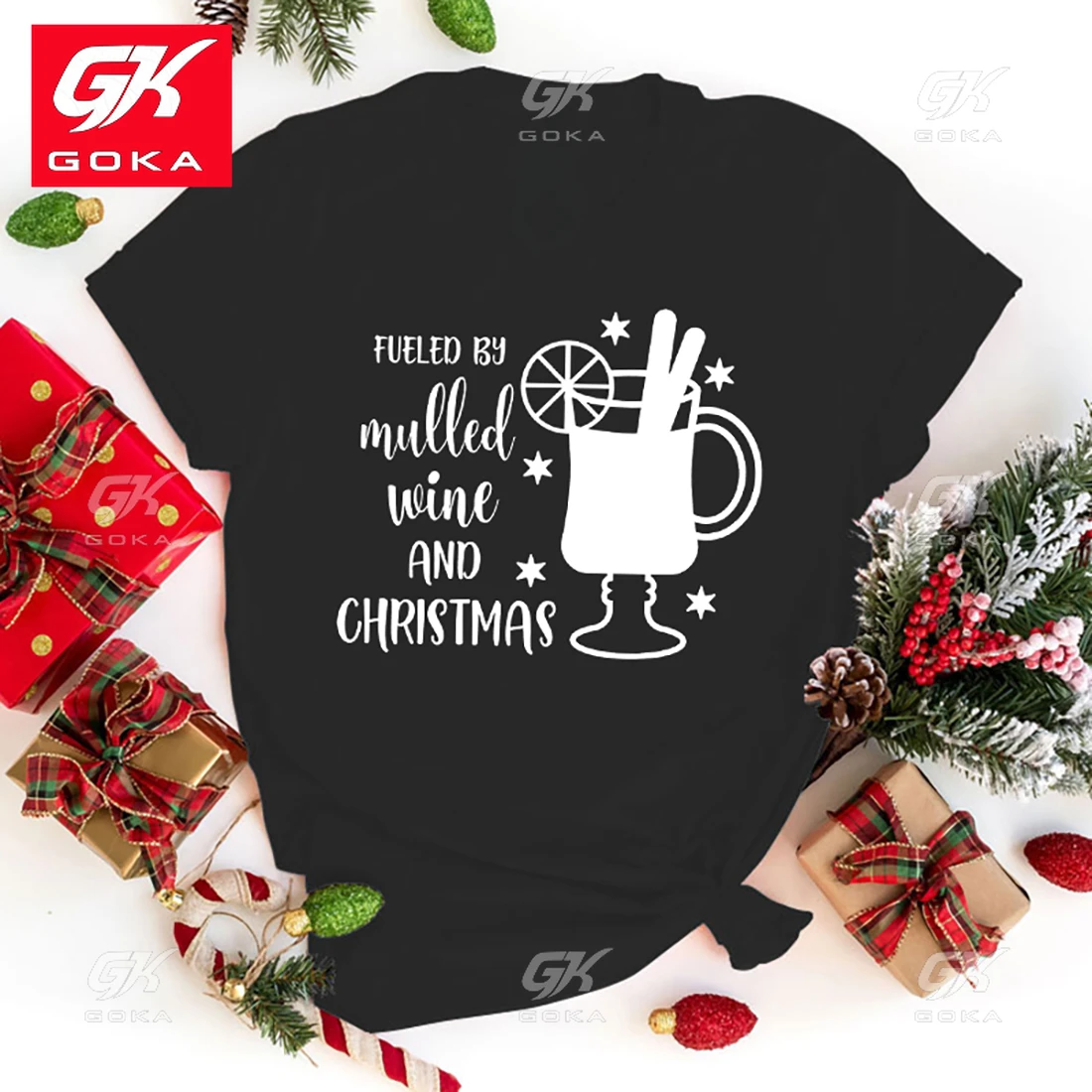 New Fueled By Mulled Wine and Christmas Print Cotton T Shirt Unisex Casual Short Sleeve Womens Fashion Fueled By Mulled Wine Tee