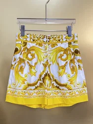 Women's Yellow Porcelain Printing Shorts, Girl's Mini Pants, 100% Cotton, Street Fashion, Summer