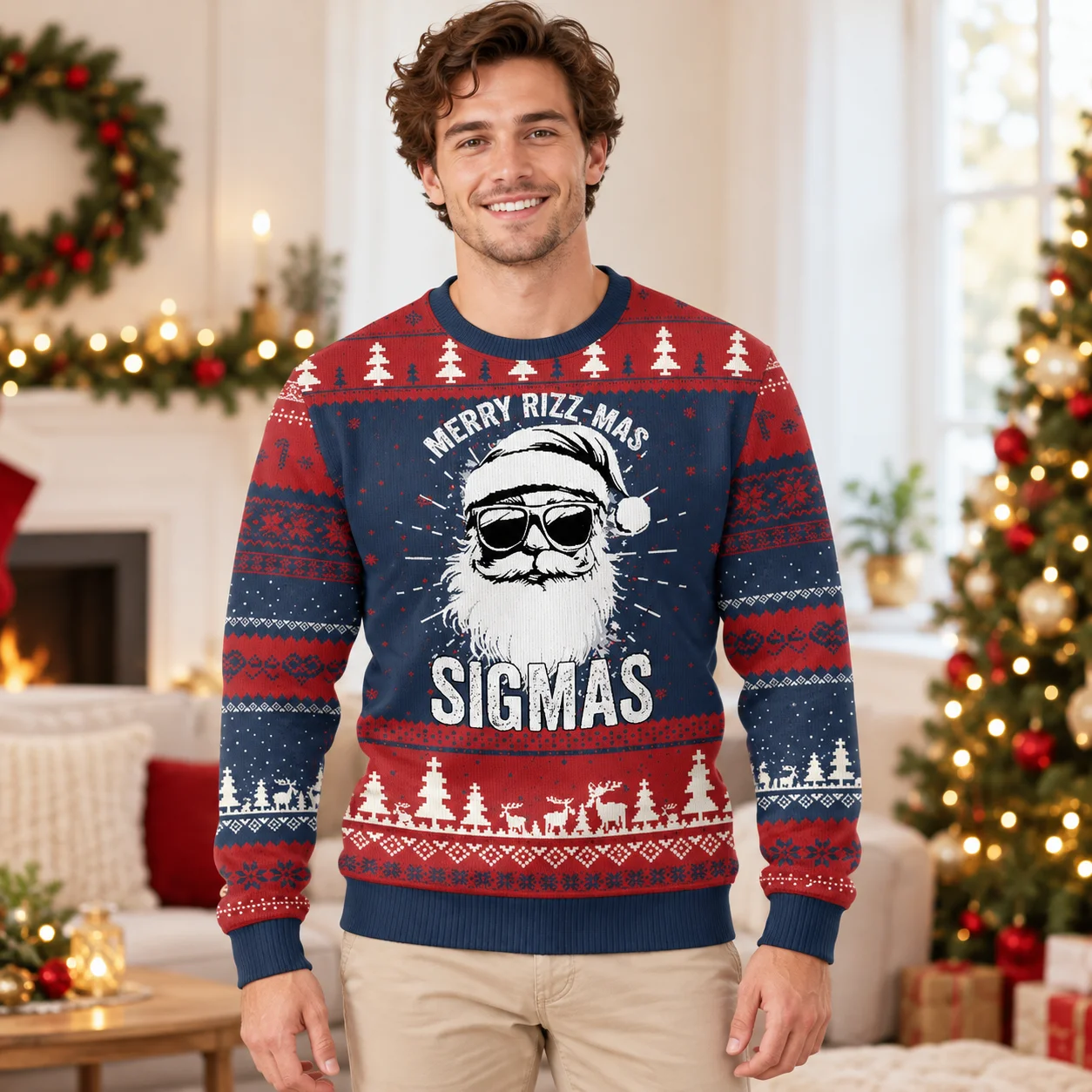 Make Merry in a Santa Print Ugly Christmas Sweater Festive Long Sleeve Sweaters for Casual Winter Outfits and Holiday Photos