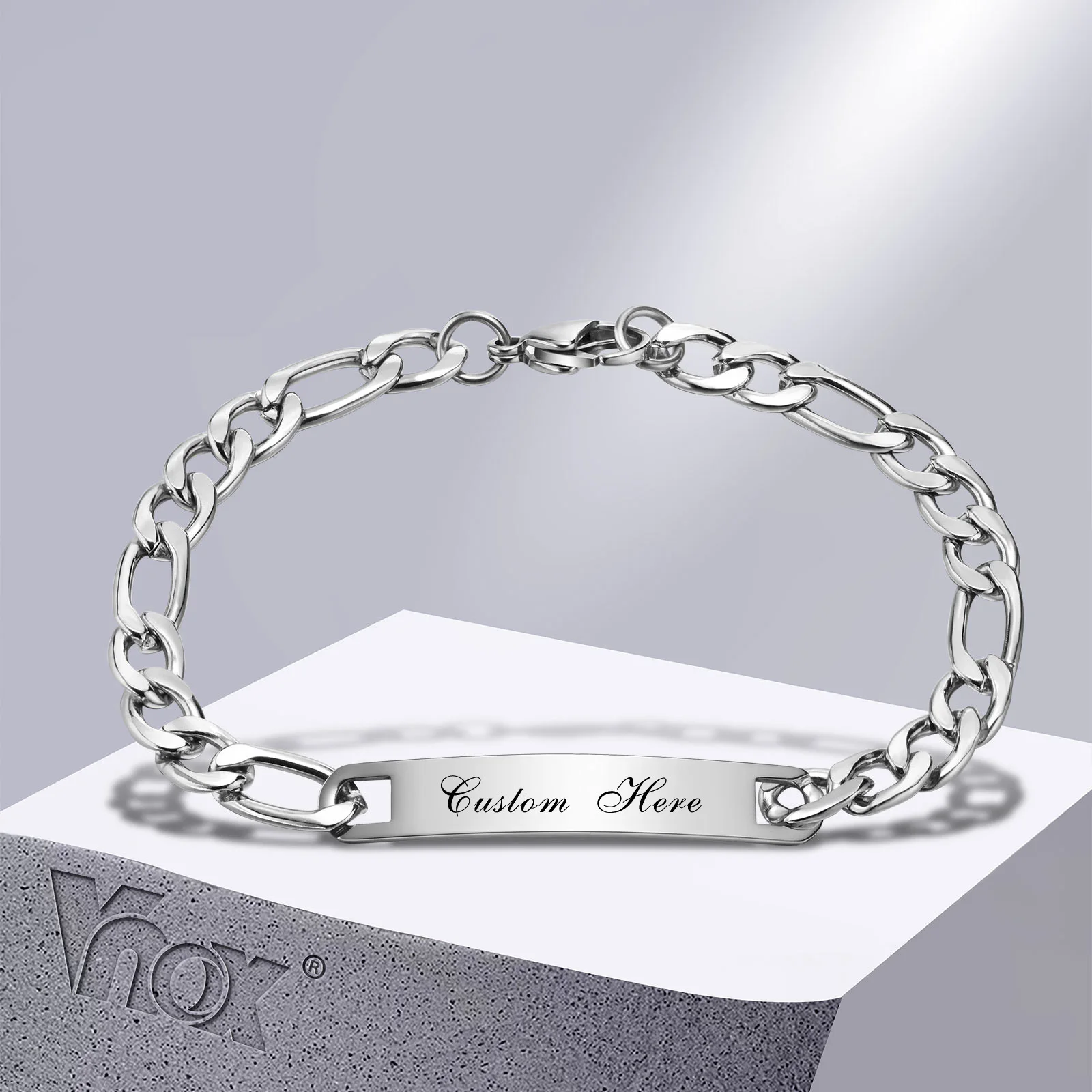 Vnox 7mm Customize Bracelets for Men, Never Fade Waterproof Stainless Steel Figaro Chain Bracelet, Personalized Gift