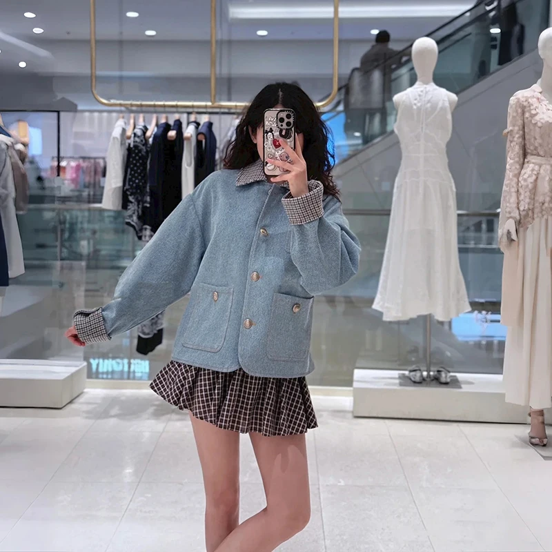 

Neutral Cotton Denim Jacket with Turn-down Collar Cuffed Sleeve And Plaid Pattern Women's Loose Fit Short Outerwear Coat