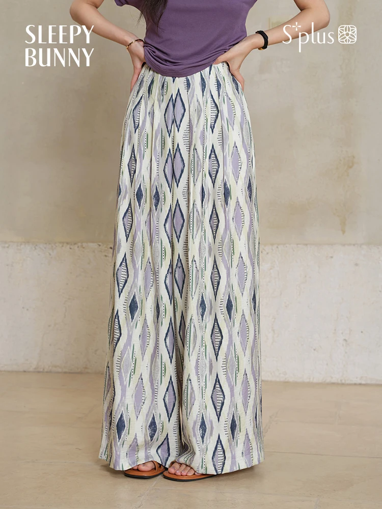Vintage Loose Wide Leg Pants Women Summer Relaxed Trousers High Waist Resort Geometric Print Casual Flowing Long Palazzo Bottoms