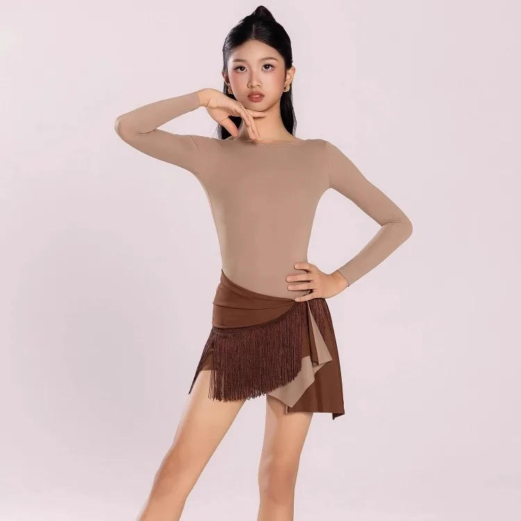 Vestido de baile latino para niñas, ropa de manga larga, conjunto de falda con flecos, traje de competición de baile Cha-cha de salón para niños, Ropa de baile