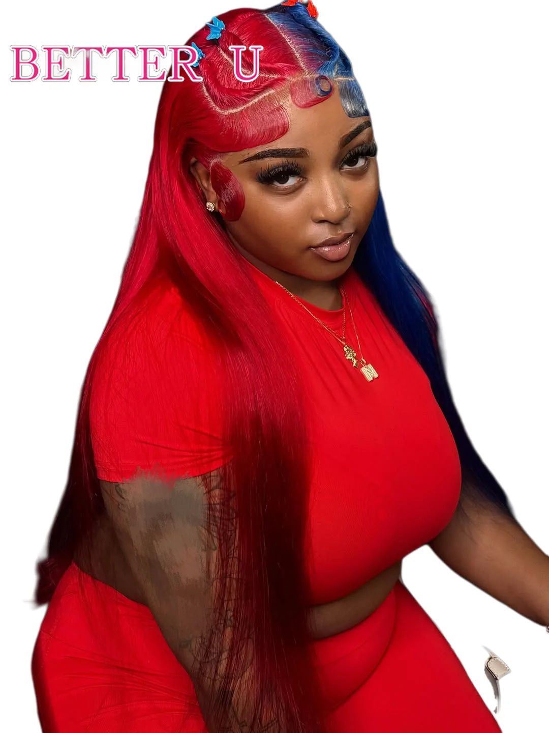 الأحمر مع الأزرق شعر مستعار بشري داكن مستقيم الدانتيل الباروكات الأمامية قبل قطعها البرازيلي نغمتين الملونة 13x4 13x6 الدانتيل شعر مستعار أمامي #2