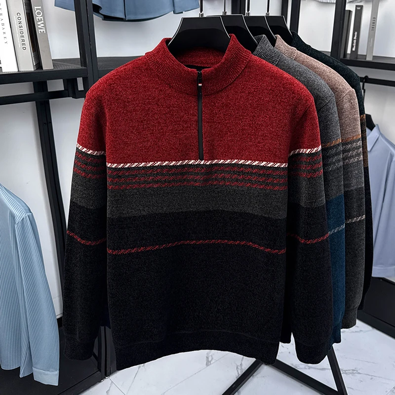 جودة عالية شخصية مخططة اللون منعت سترة الرجال أزياء نصف سستة جولة الرقبة الشتاء سميكة الدافئة محبوك السترة #5