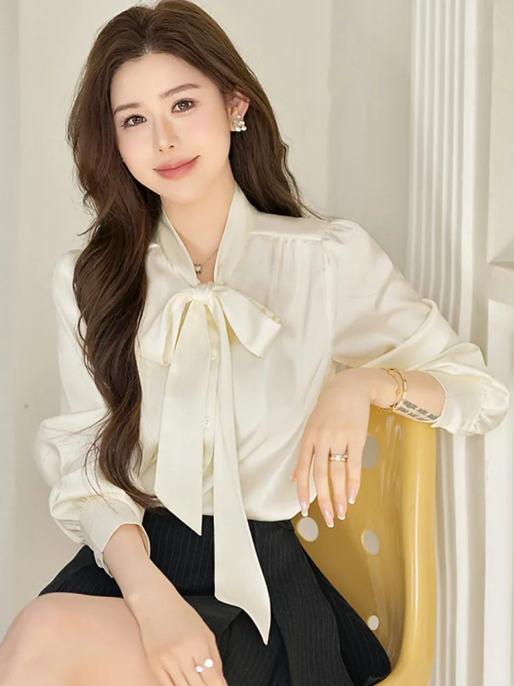 Elegant Long Sleeve Silk Shirt Women's Drapey Anti-Wrinkle Interview Commute Top  Knot Sash Casual Business Wear