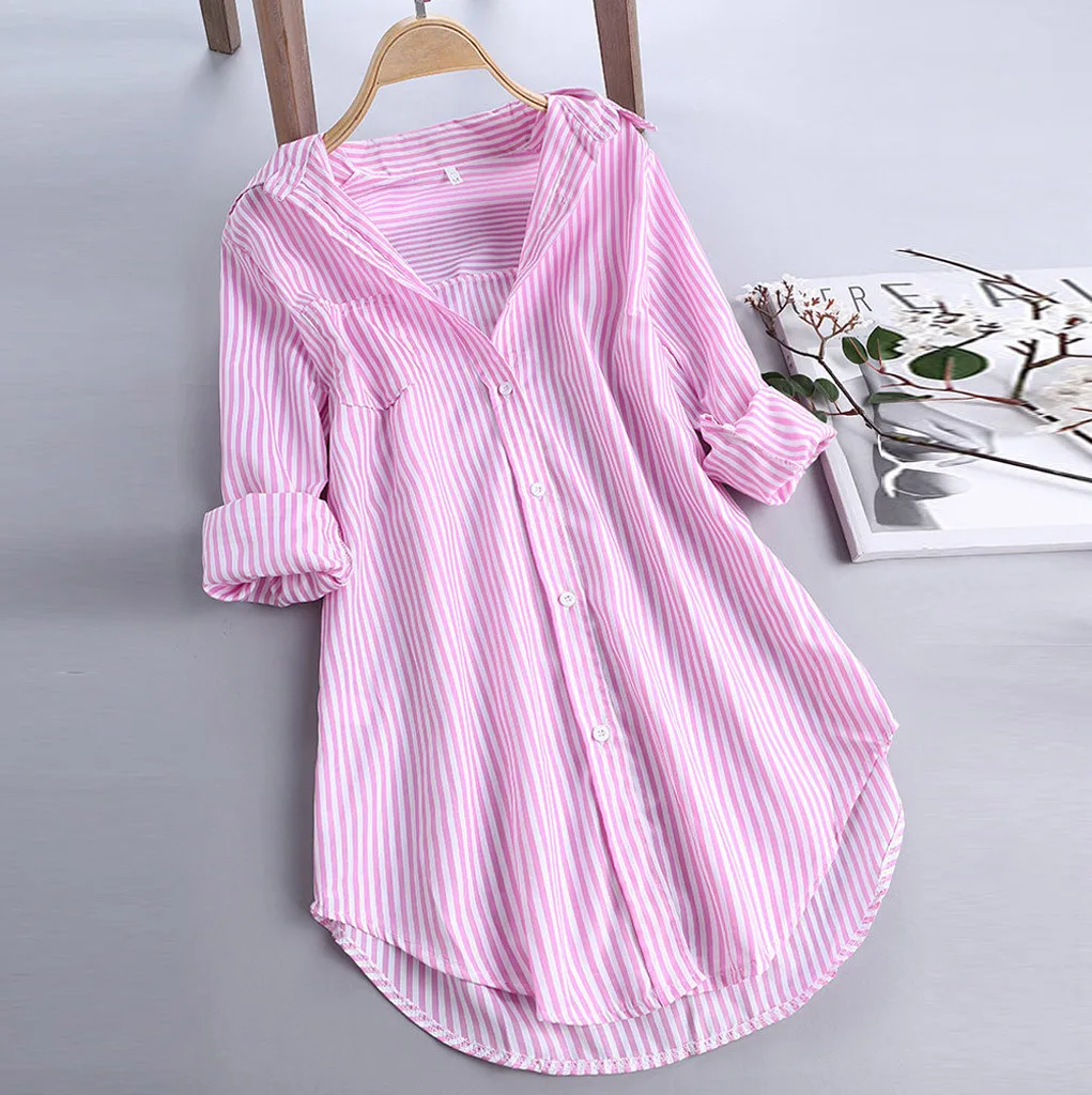 

2024 Womans Fashion Stripe Tops Summer Chic Long Sleeve Turn-down Collar Shirts With Buttons Casual Loose Elegant Women's Blouse