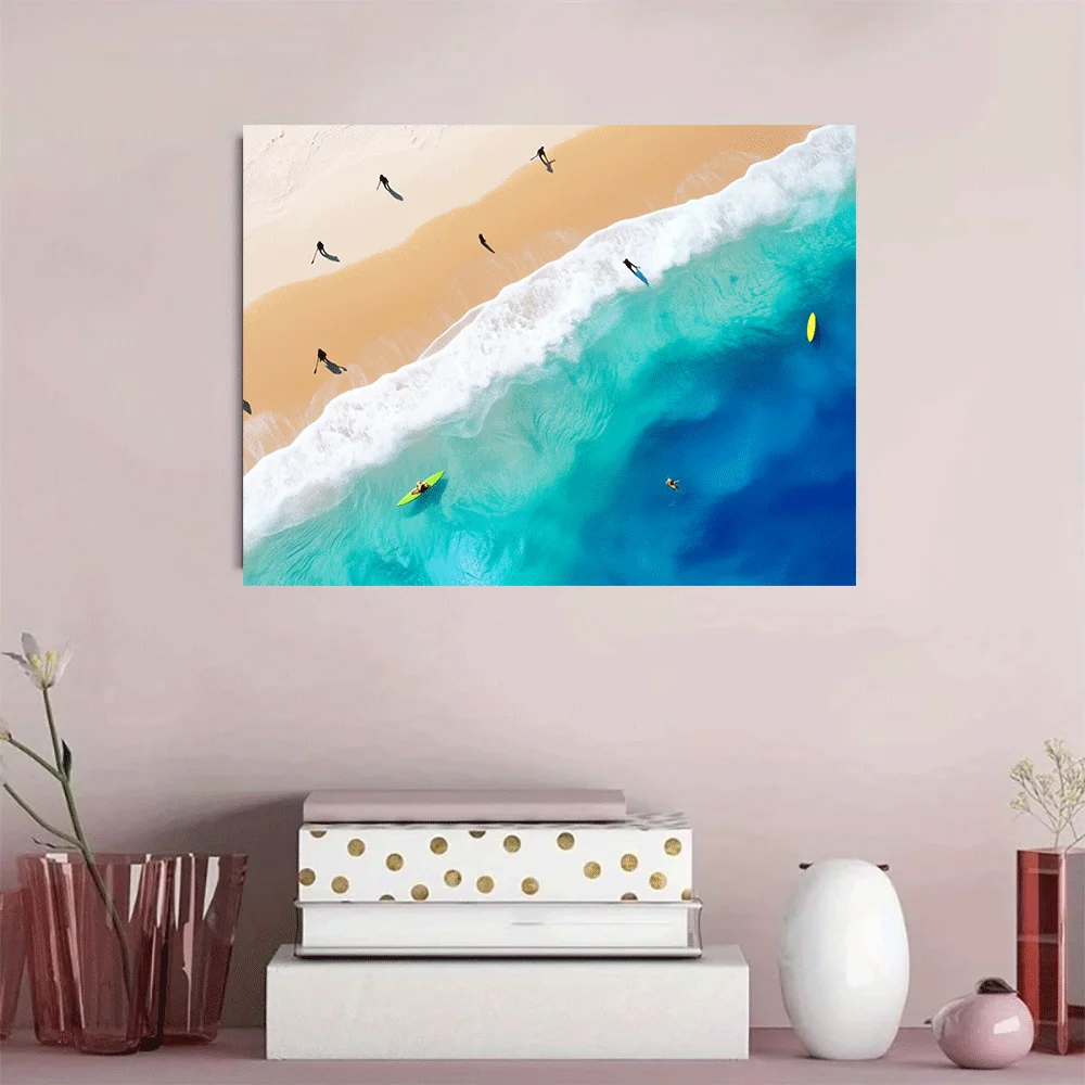 1PC-Canvas poster Unframed  Ocean Waves Beach Surfing Scene Aerial View Art Print  summer