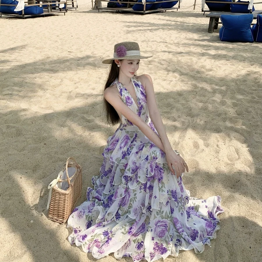 Damen Lila Blumen-Halter-Maxikleid mit V-Ausschnitt, Ärmellos, Stufenrüschen, Chiffon-Strandkleid für Sommerurlaub und Party, Schicke Damenmode