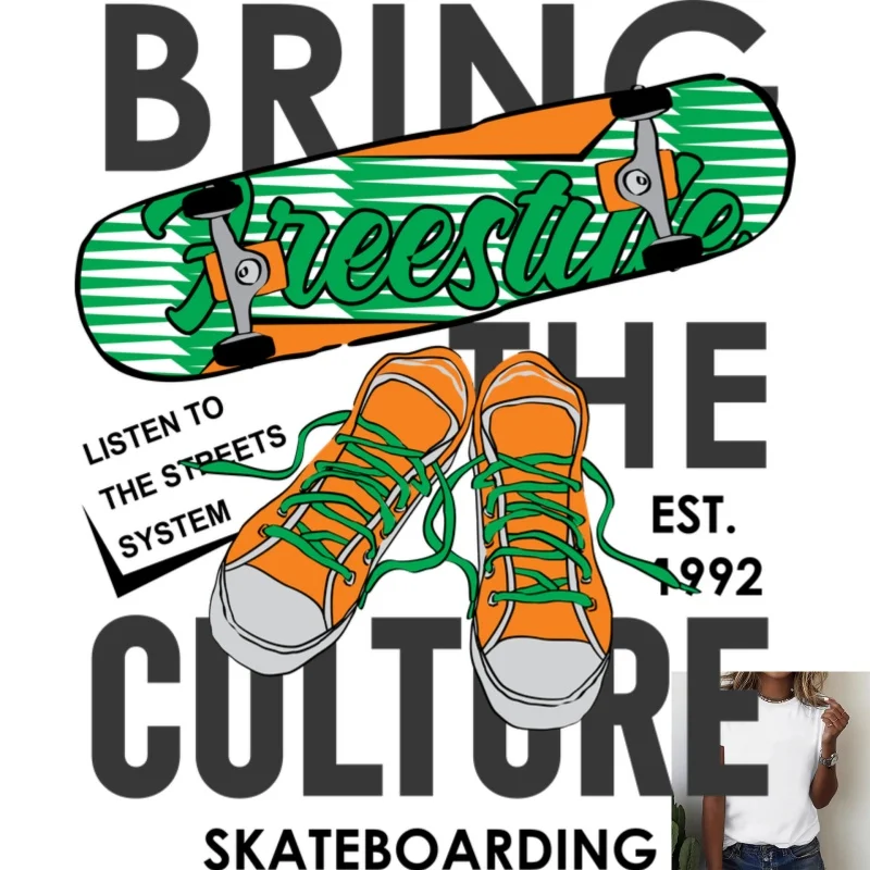 Trendy Street Style Skateboard & Canvas Shoes Pattern Heat - Transfer White Ink Iron - on, Suitable for T - shirts/Canvas Bags,