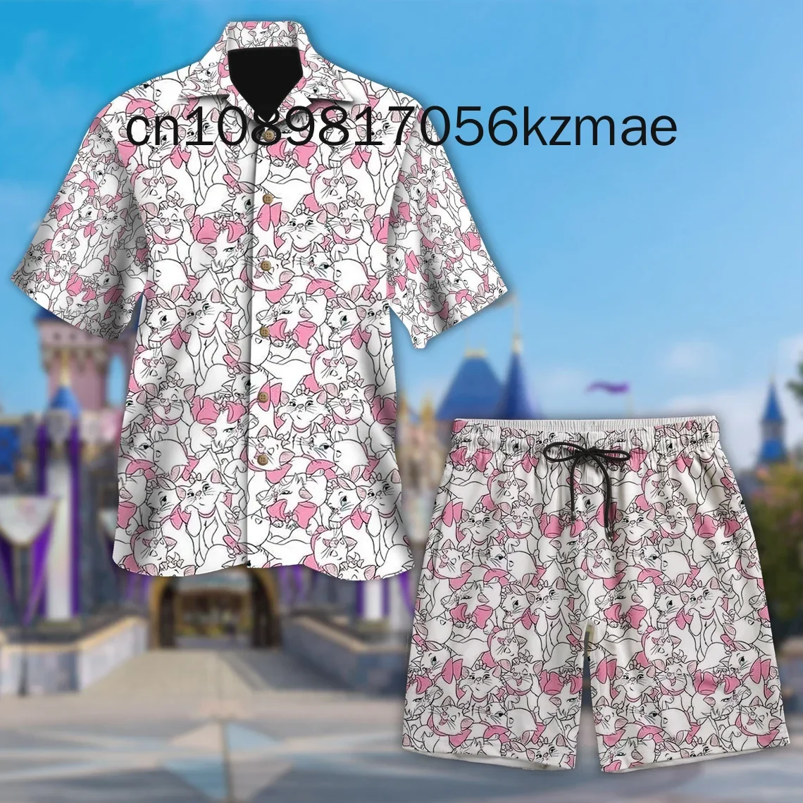 Disney Marie Cat Hawaii Shirt Shorts Set Casual Beach Vacation Short Sleeve Set Disney Beach Shorts Retro Button Shirt