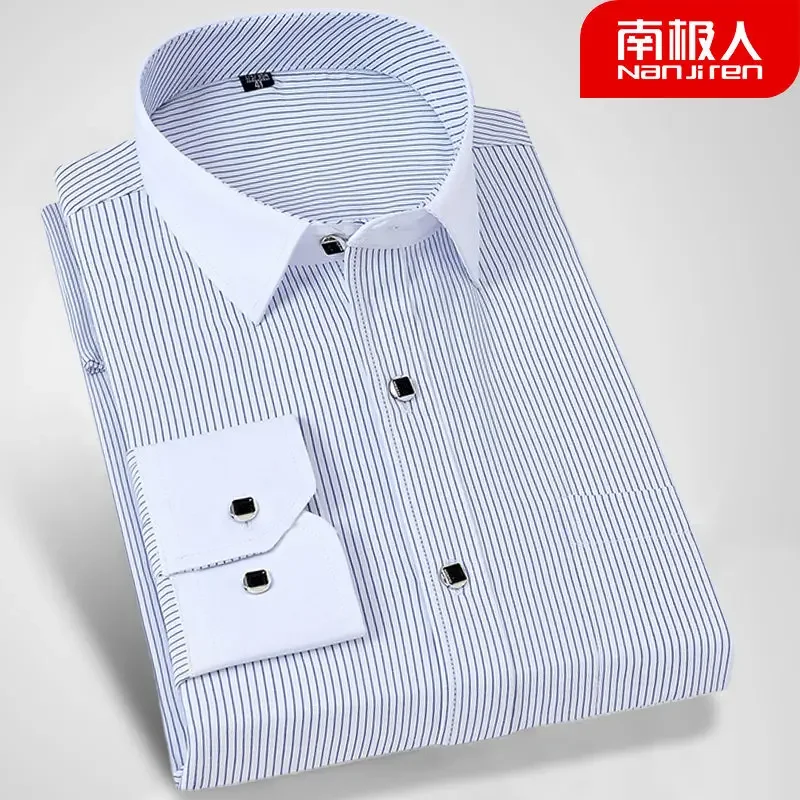 White Pinstripe Formal Shirt Men's Long Sleeve Thin Non-Ironing Business Clothing Mens Dress Shirts Spring/Autumn Male Camisas