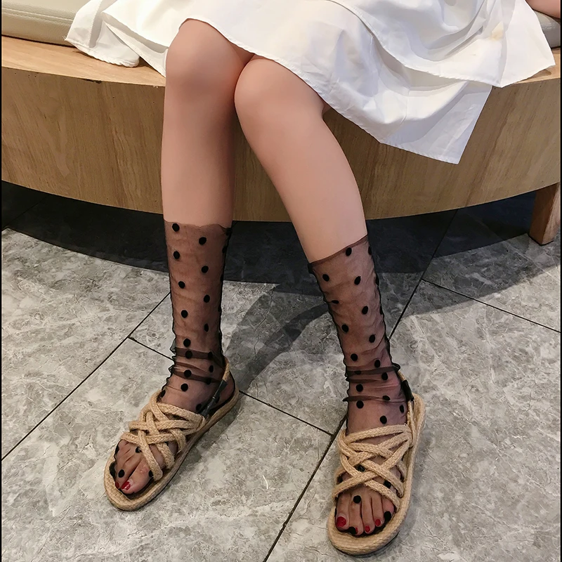 Korean Polka Dot Tulle Socks Women Transparent Ultra-Thin Long Socks Female Chiffon Funny Socks Knee Streetwear calcetines mujer