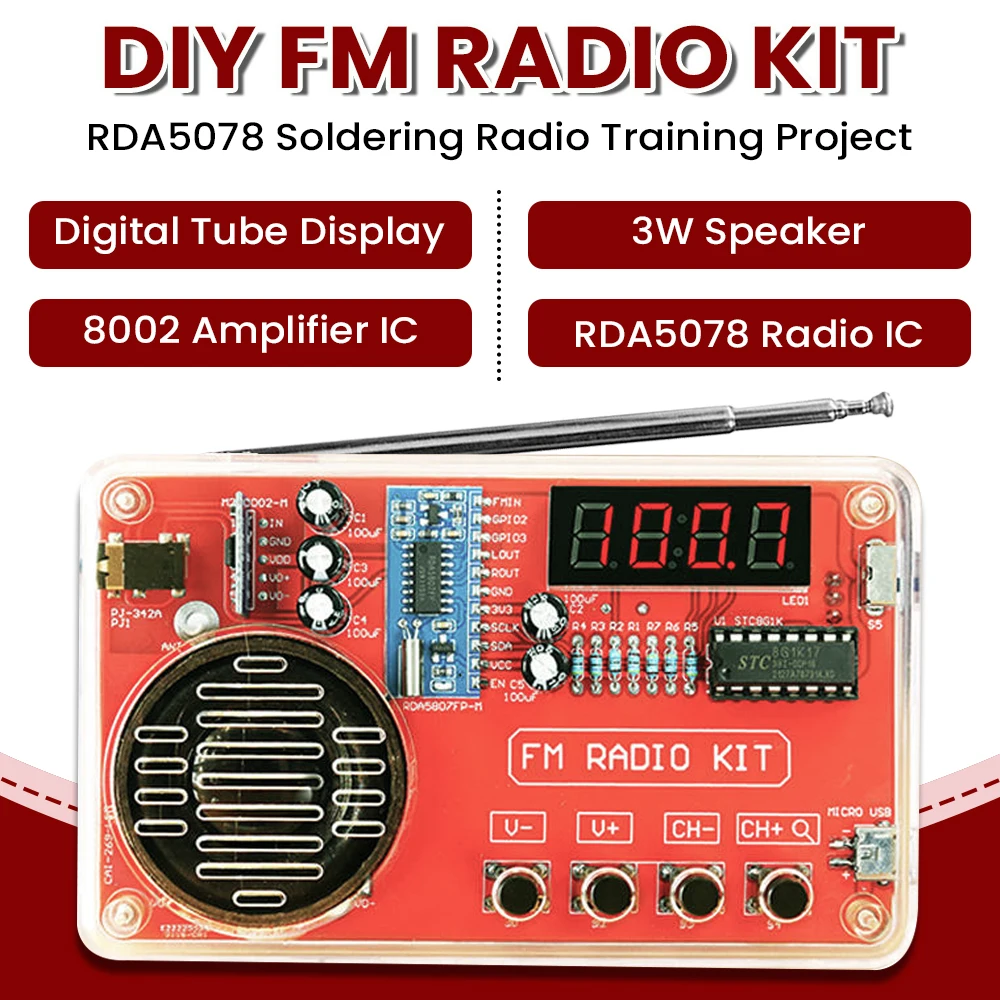 DIY FM Radio Elektronik Kit 50-108 MHz Einstellbarer IC RDA5807 mit LED-Digitalanzeige DIY Lötkit 3 W Lautsprecher Dual Power