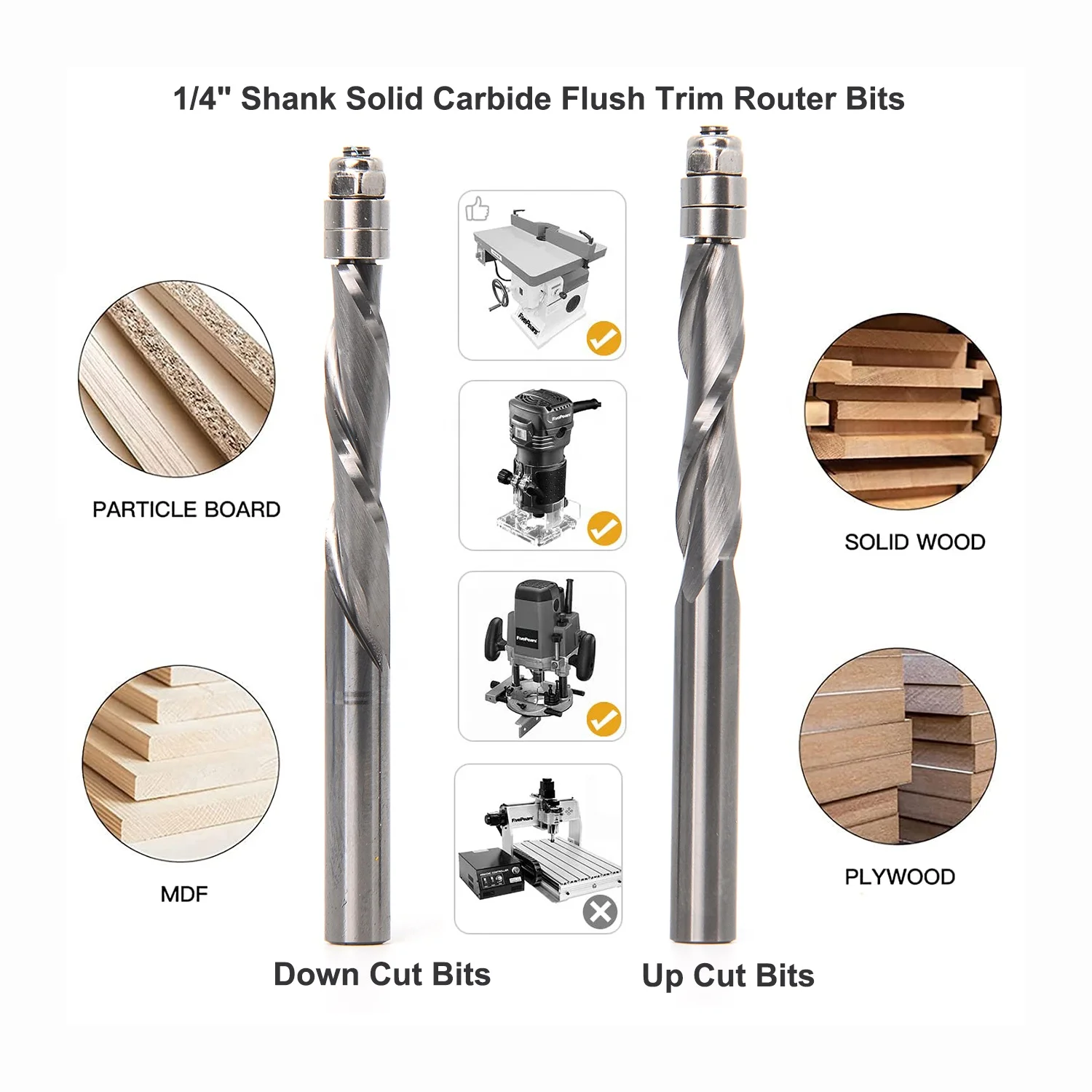 1pcs 6mm 6.35mm Shank Solid Carbide Bearing Guided Two Flute Flush Trim Router Bits Woodworking Milling Cutters End Mill