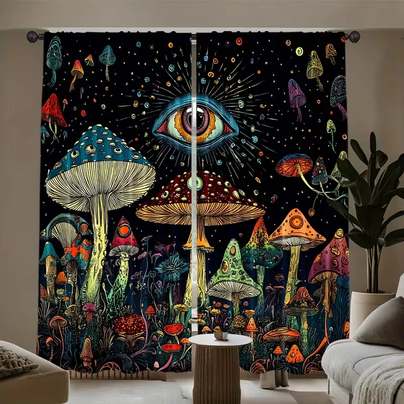 2PC Psychedelic Mushroom Third Eye Sheer Curtains - Trippy Whimsical Fantasy Print Window Drapes for Living Room Bedroom Decor