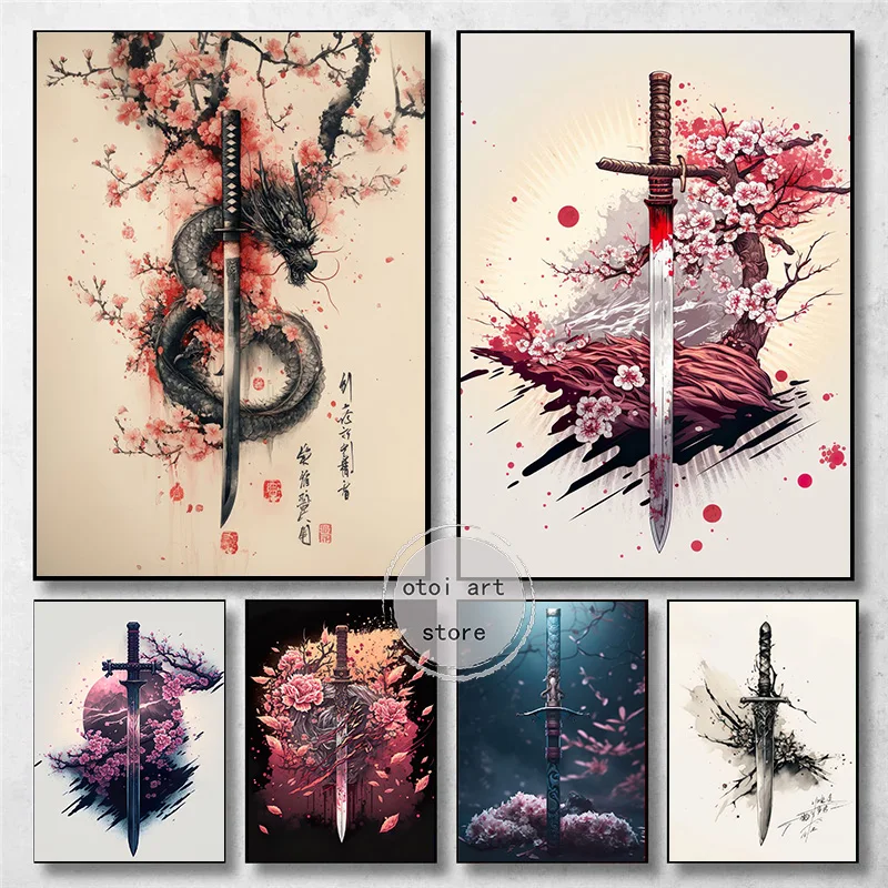 Vintage Dragon Japanese Samurai Katana Cherry Blossoms Art Poster Canvas Painting Wall Prints Picture Living Room Home Decor