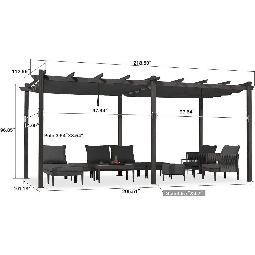 10' X 18' Outdoor Pergola with Retractable Canopy Aluminum Shelter for Porch Garden Sun Shade Beach Pavilion Grape Trellis