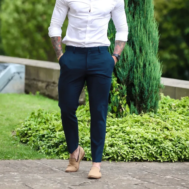 Solid Color Pants Elegant Slim Fit Men's Business Trousers with Elastic Waist Button Closure Pockets Solid Color for Comfort