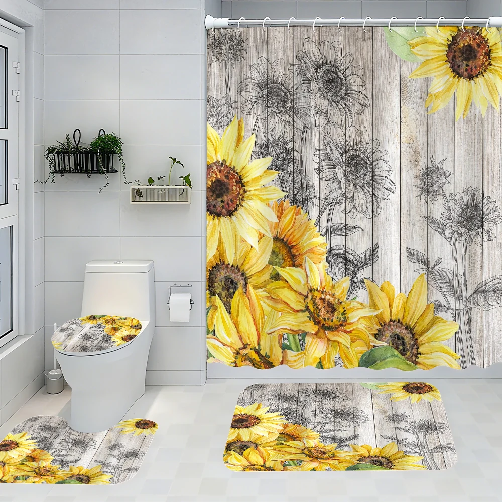 

Sunflower Bathroom Four-piece Set - Avant-garde Waterproof Shower Curtain, creating a complete bathroom suite