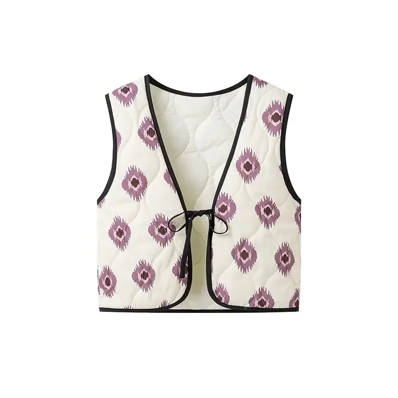 

COROF Print Women's Quilted Vest Waistcoat 2024 V-Neck Female Sleeveless Lace Up Vests Coats Lady Loose Waistcoat Top New