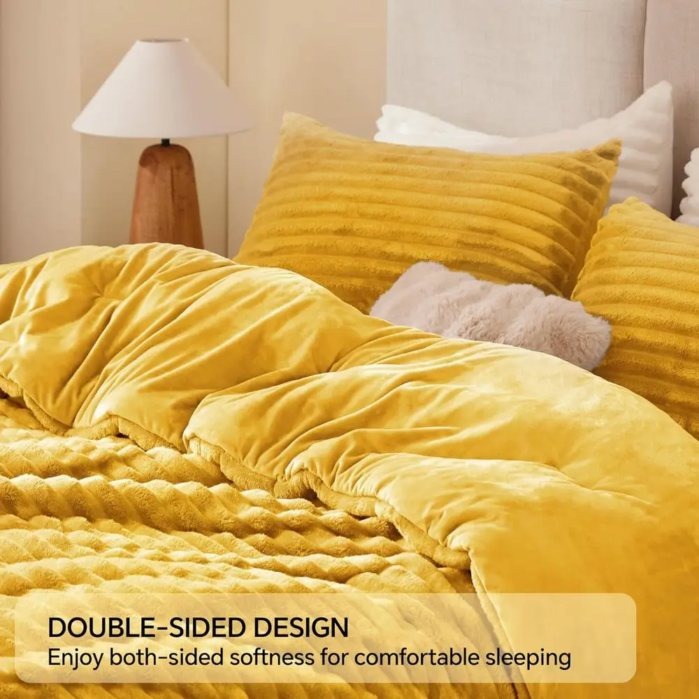 Selimut Bulu Lembut & Nyaman Warna Kuning Mustard dengan 2 Sarung Bantal untuk Malam Musim Dingin yang Mewah