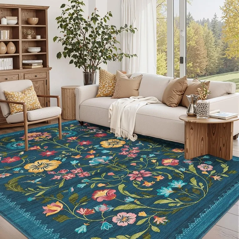 

Blue Retro Living Room Carpet Bohemian Light Luxury Floral Print Bedroom Rug Machine Washable Foldable Non-slip Coffee Table Mat