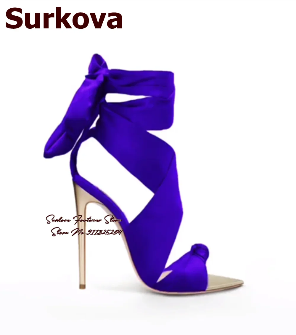 Surkova Golden Heels Royal Blue Satin Sandals Stilettos Pointed Toe Butterfly-know Dress Shoes Lace-up Bunny Ears Bowtie Pumps