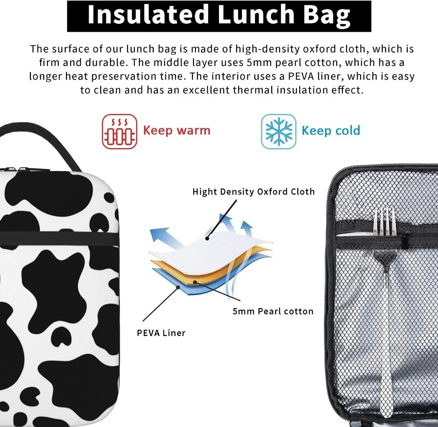 Black And White Cow Lunch Bag Insulated Reusable Lunch Box Cooler Totes with Side Pocket For Work Office Picnic Camping Travel