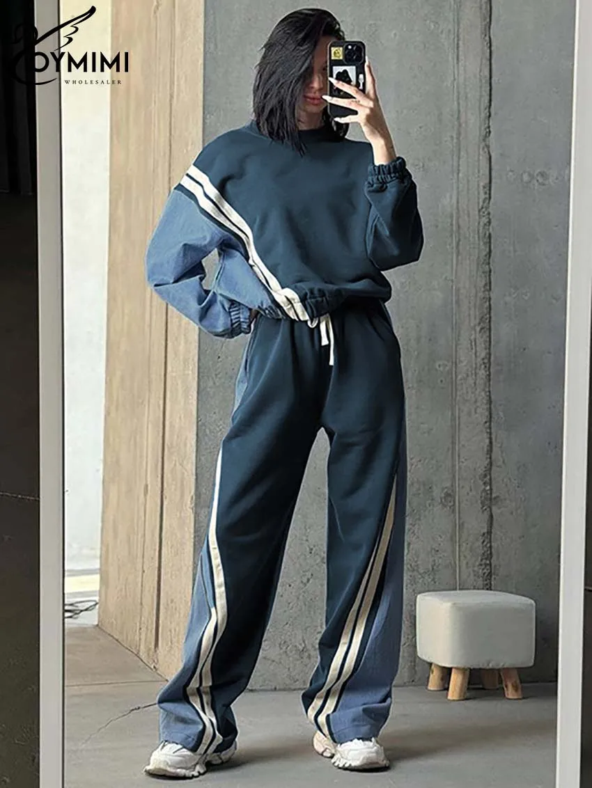 Odimi-Casual Azul Patchwork Conjuntos para Mulheres, O-Neck Manga Longa Blusa, Drawstring Straight Sweatpants, Streetwear, 2 PCs