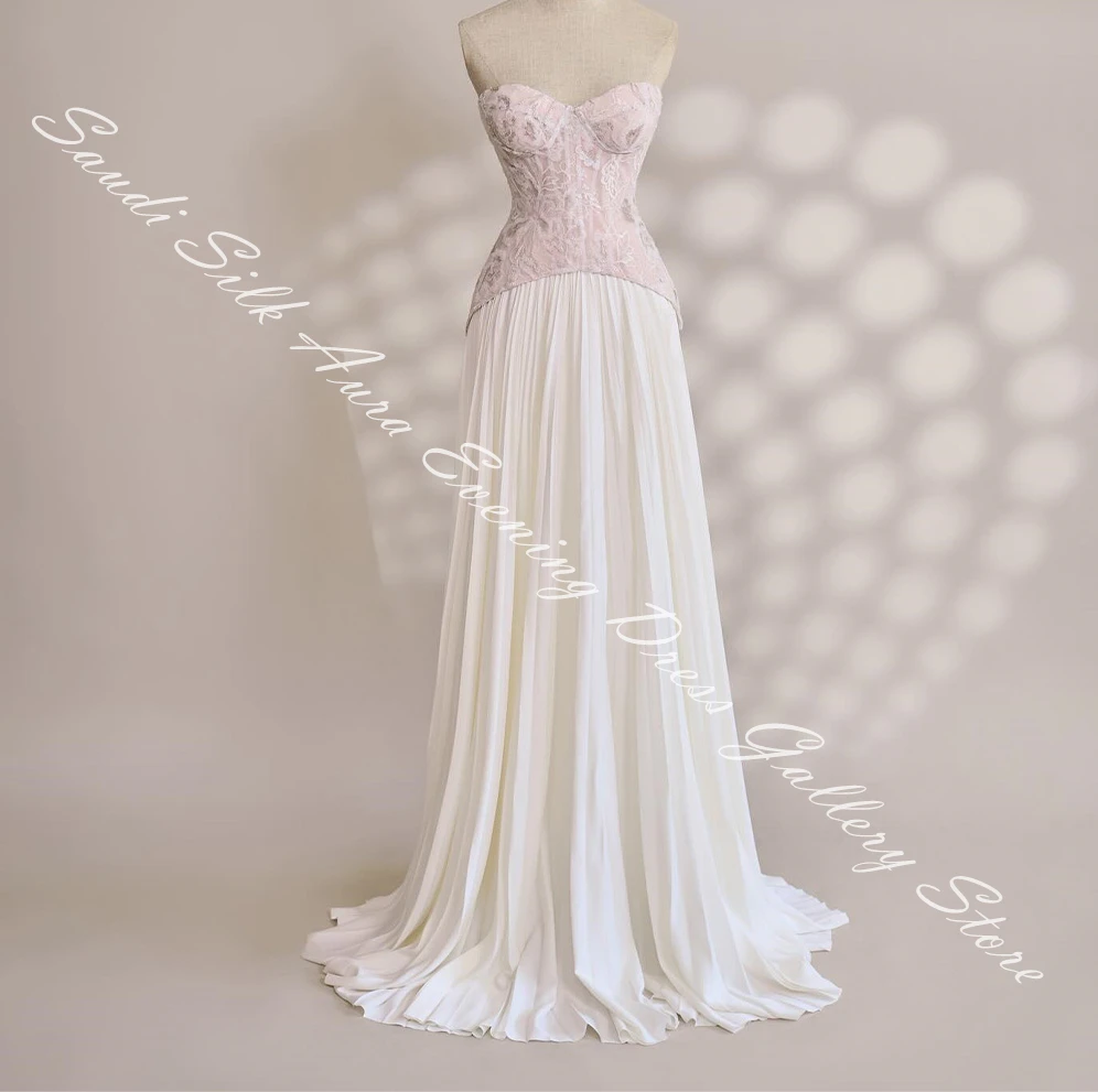 Strapless Sleeveless Chiffon Floor Length A-Line Evening Dress Panel Train Lace Up Back Temperament Photo Color Party Gowns