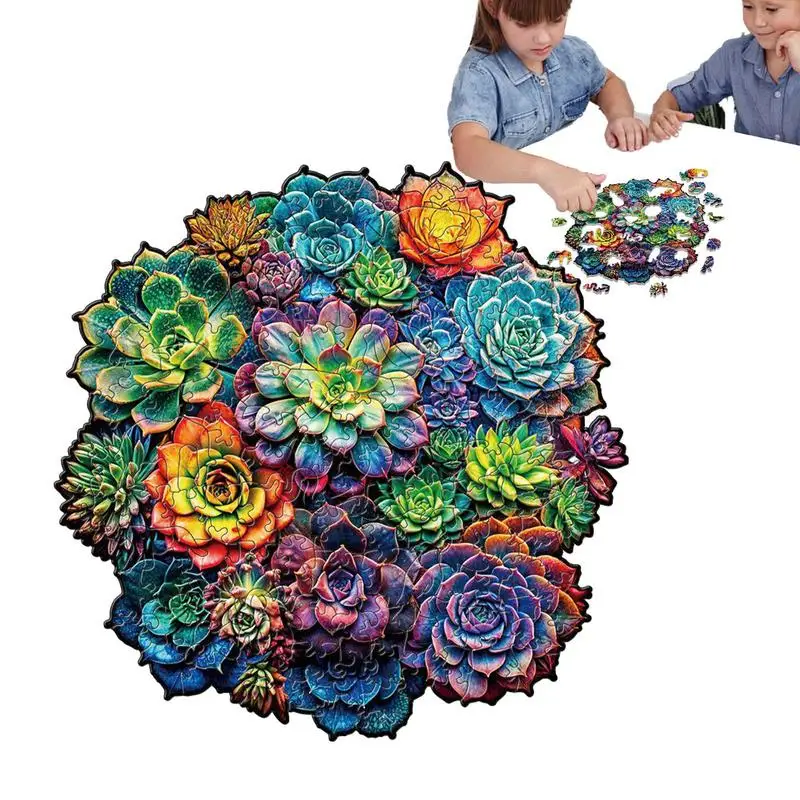 Wood Flowers Puzzle Flower Assembly Toy Succulent Plants Jigsaw Colorful Puzzles For Adults Develop Thinking Family Games